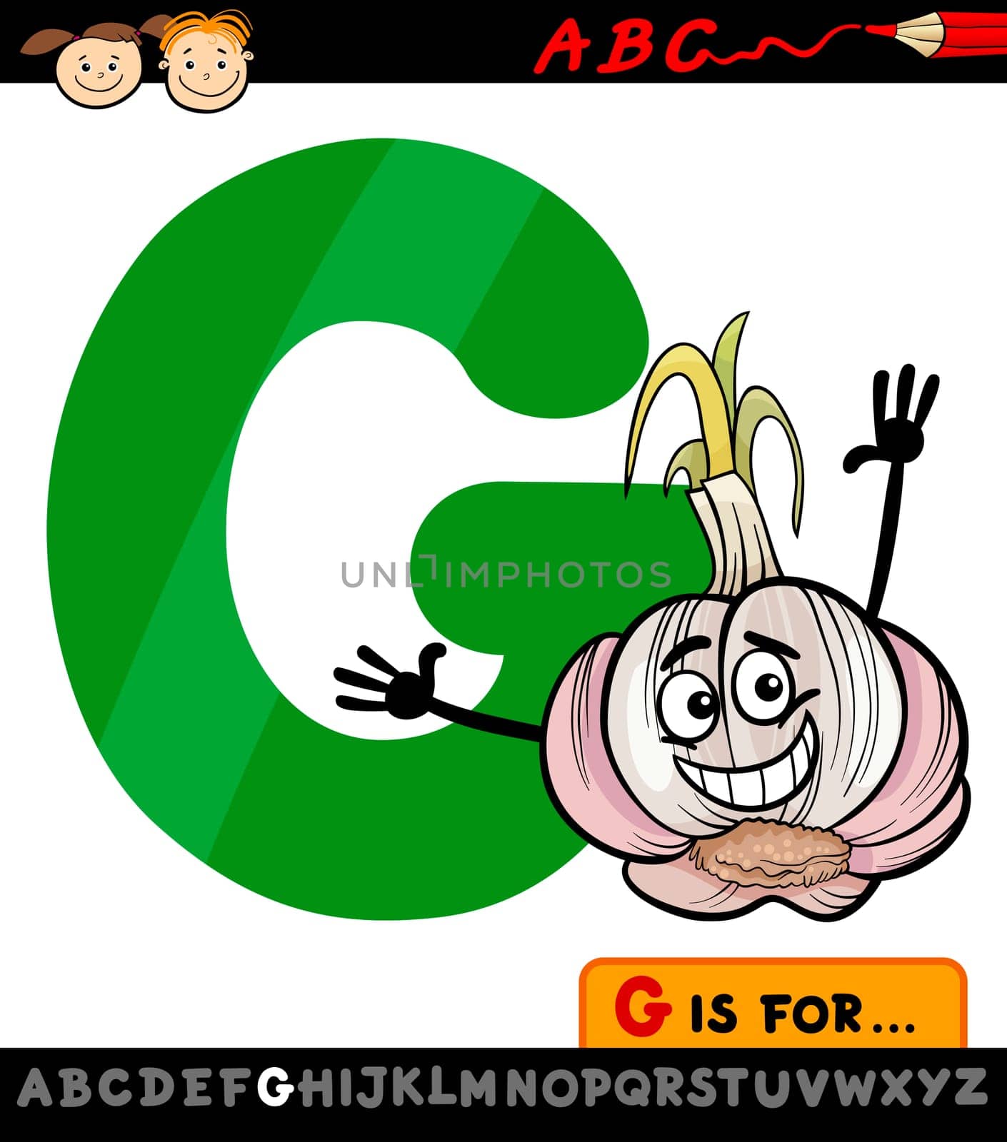 Cartoon Illustration of Capital Letter G from Alphabet with Garlic for Children Education