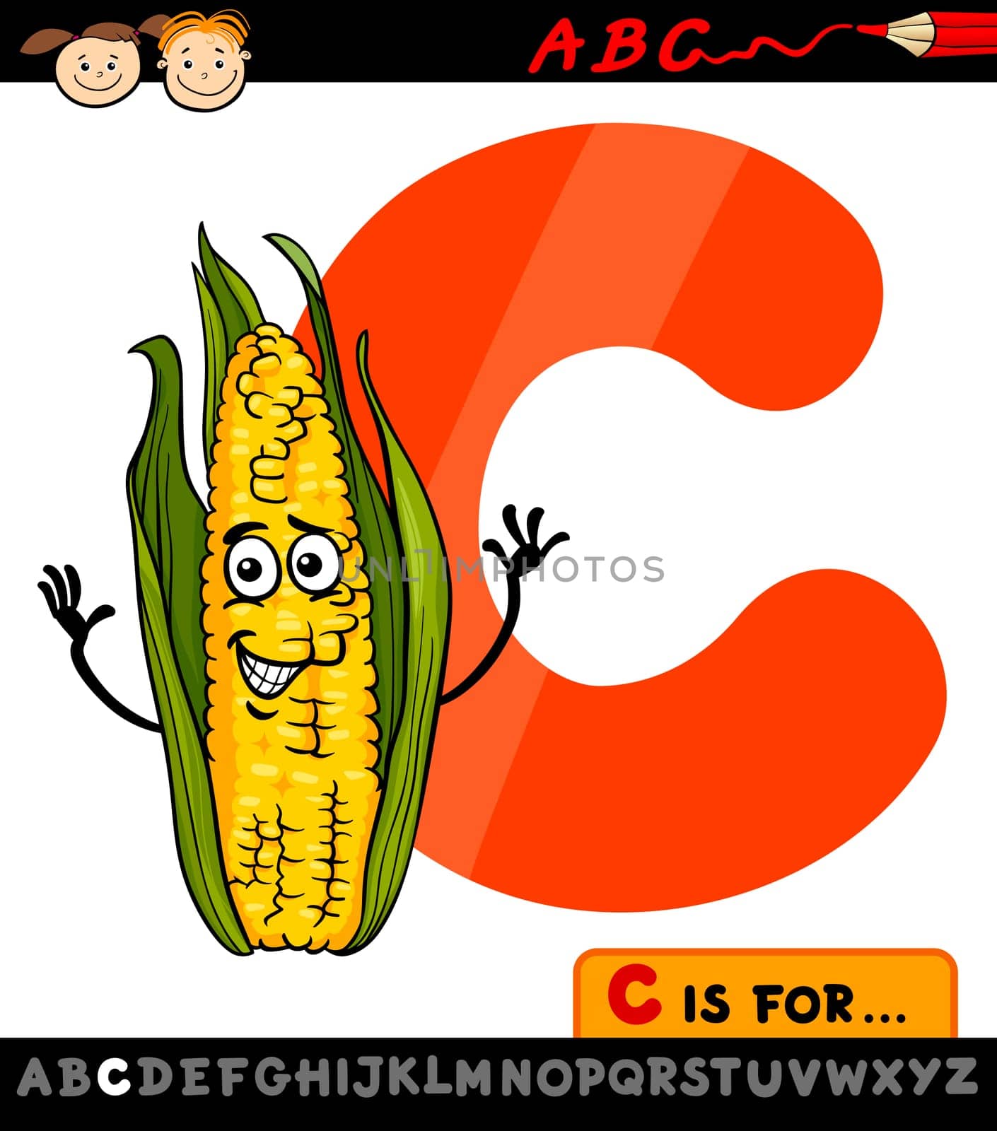Cartoon Illustration of Capital Letter C from Alphabet with Corn Cob for Children Education
