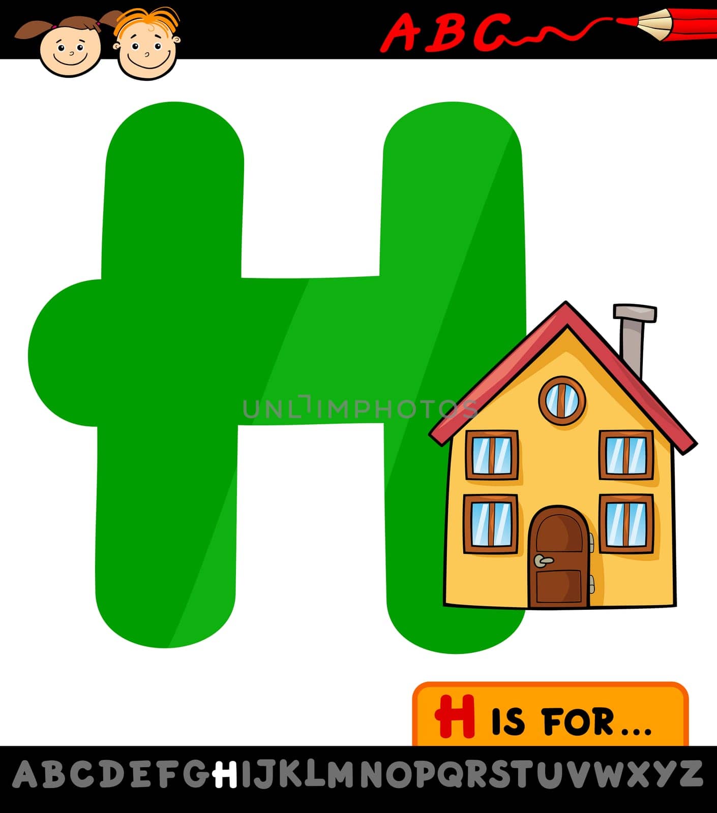 Cartoon Illustration of Capital Letter H from Alphabet with House for Children Education