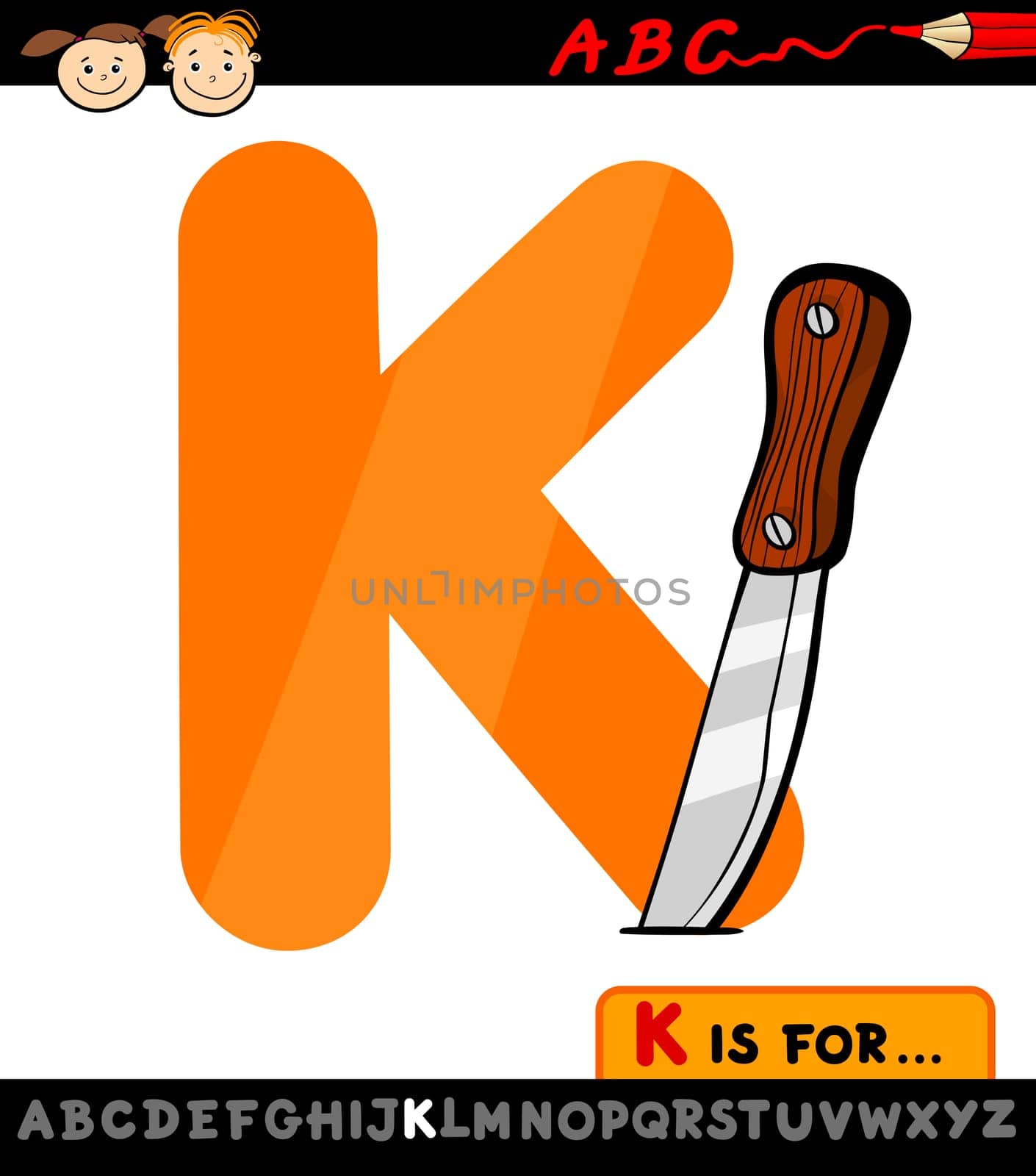 Cartoon Illustration of Capital Letter K from Alphabet with Knife for Children Education