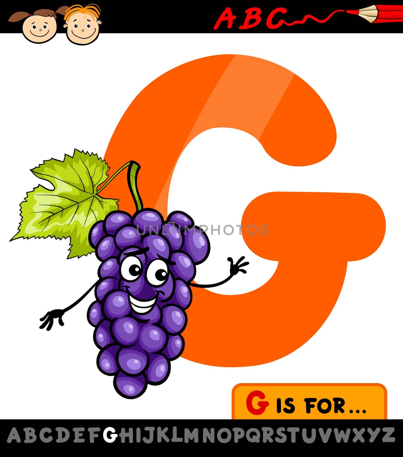 Cartoon Illustration of Capital Letter G from Alphabet with Grapes for Children Education