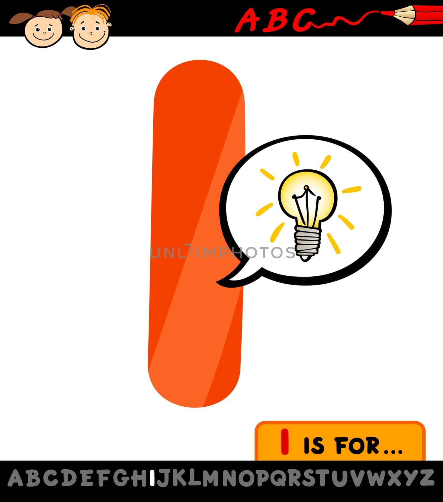 Cartoon Illustration of Capital Letter I from Alphabet with Idea Sign for Children Education
