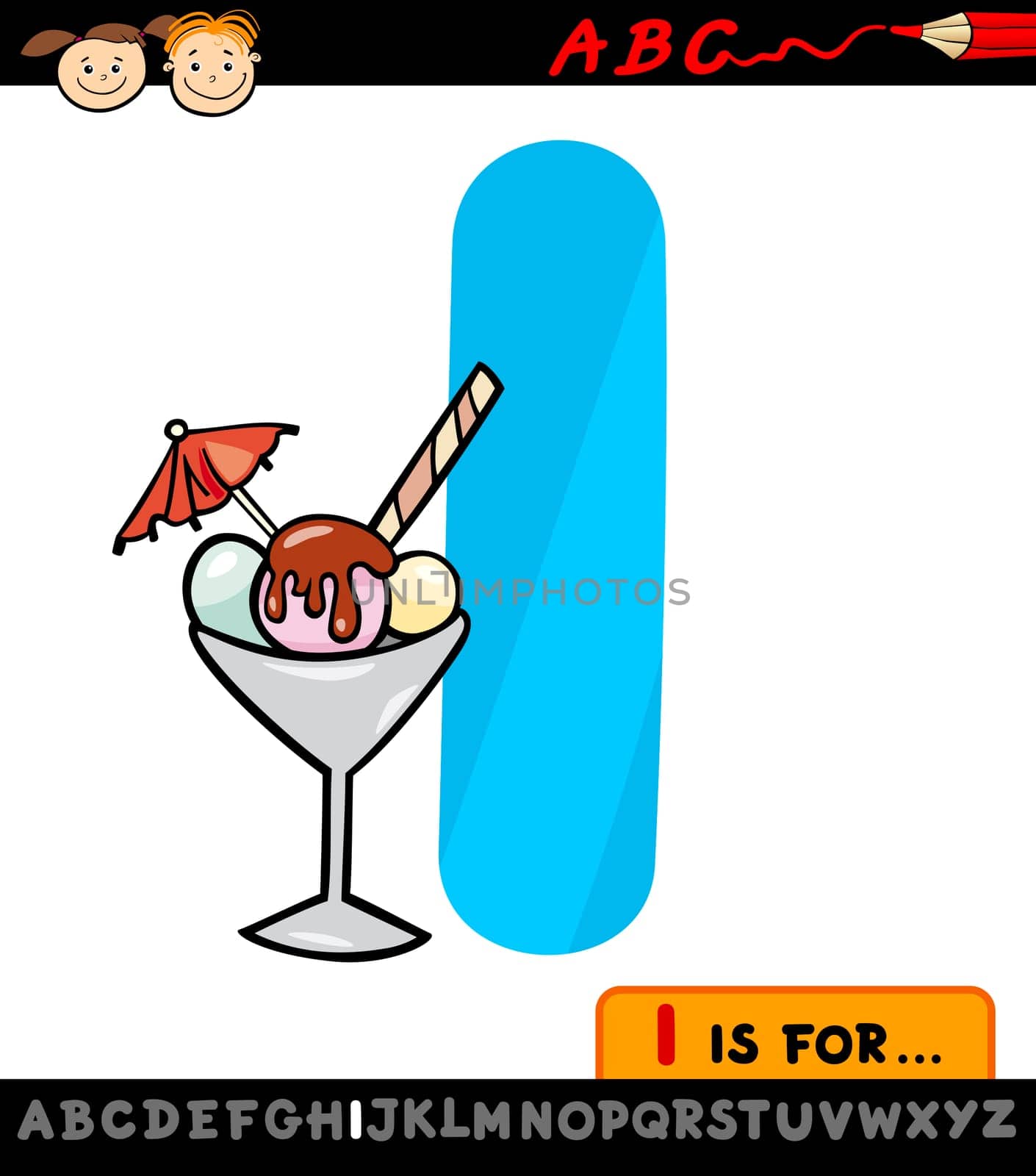 Cartoon Illustration of Capital Letter I from Alphabet with Ice Cream for Children Education