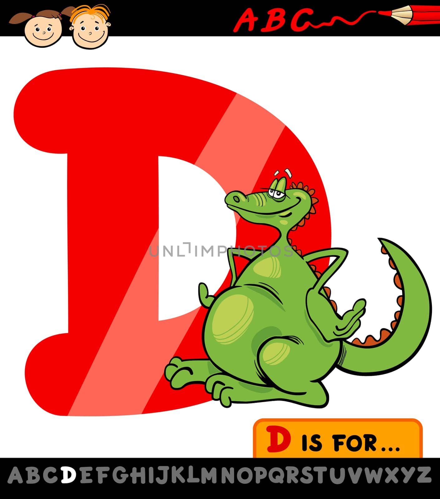 Cartoon Illustration of Capital Letter D from Alphabet with Dragon for Children Education