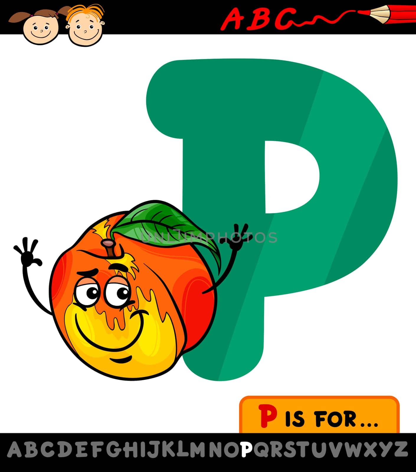 Cartoon Illustration of Capital Letter P from Alphabet with Peach for Children Education