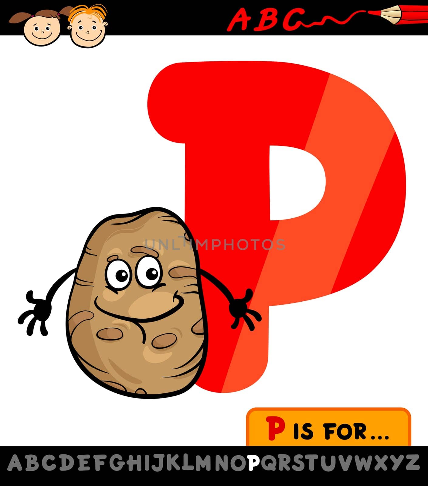 Cartoon Illustration of Capital Letter P from Alphabet with Potato for Children Education