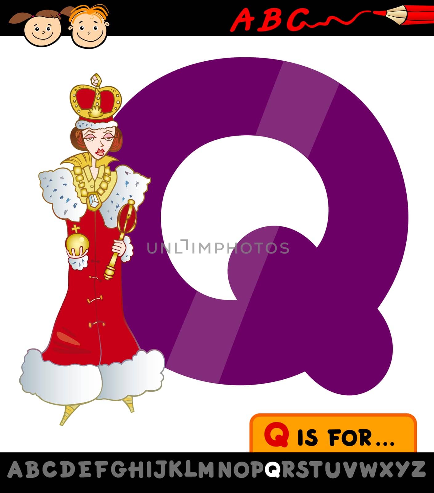 Cartoon Illustration of Capital Letter Q from Alphabet with Queen for Children Education
