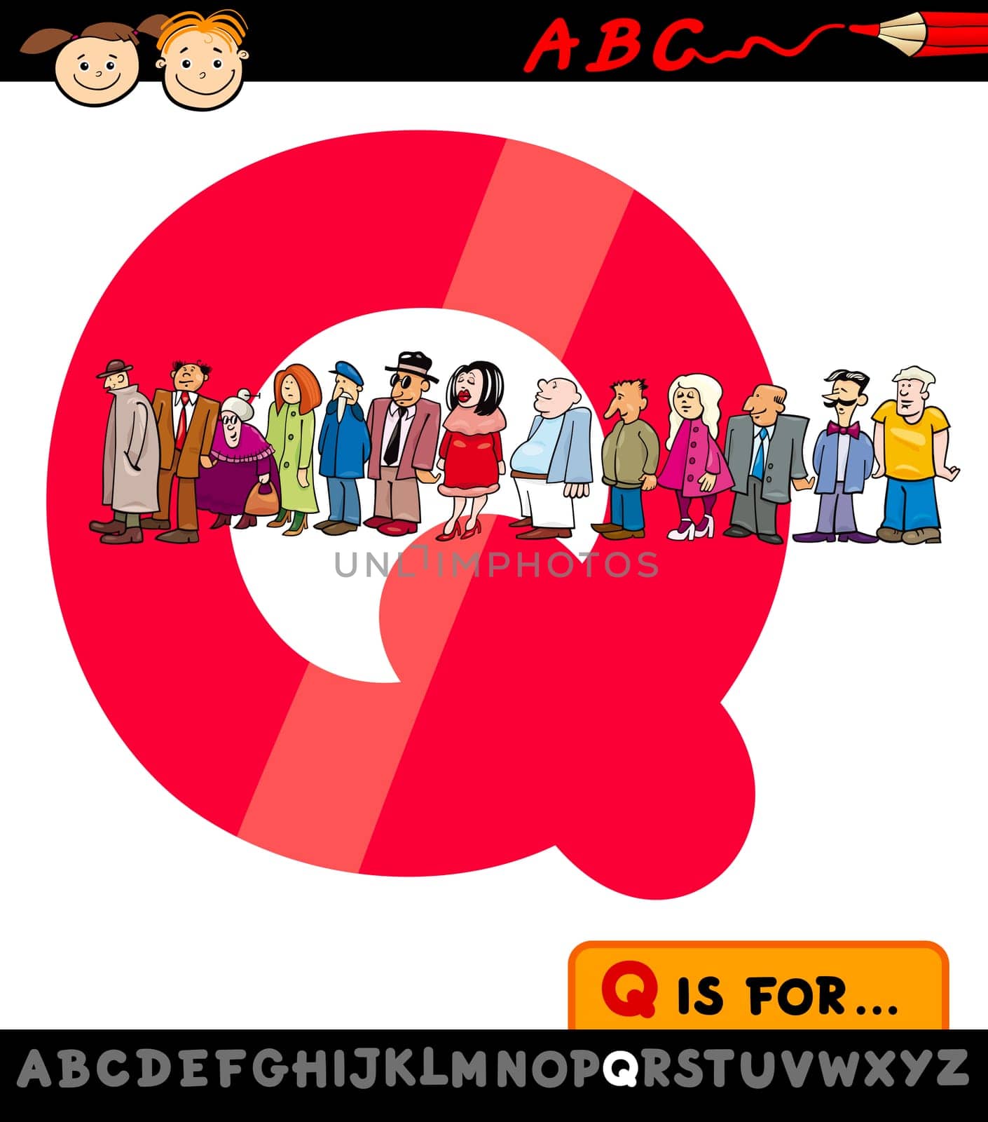 Cartoon Illustration of Capital Letter Q from Alphabet with Queue for Children Education