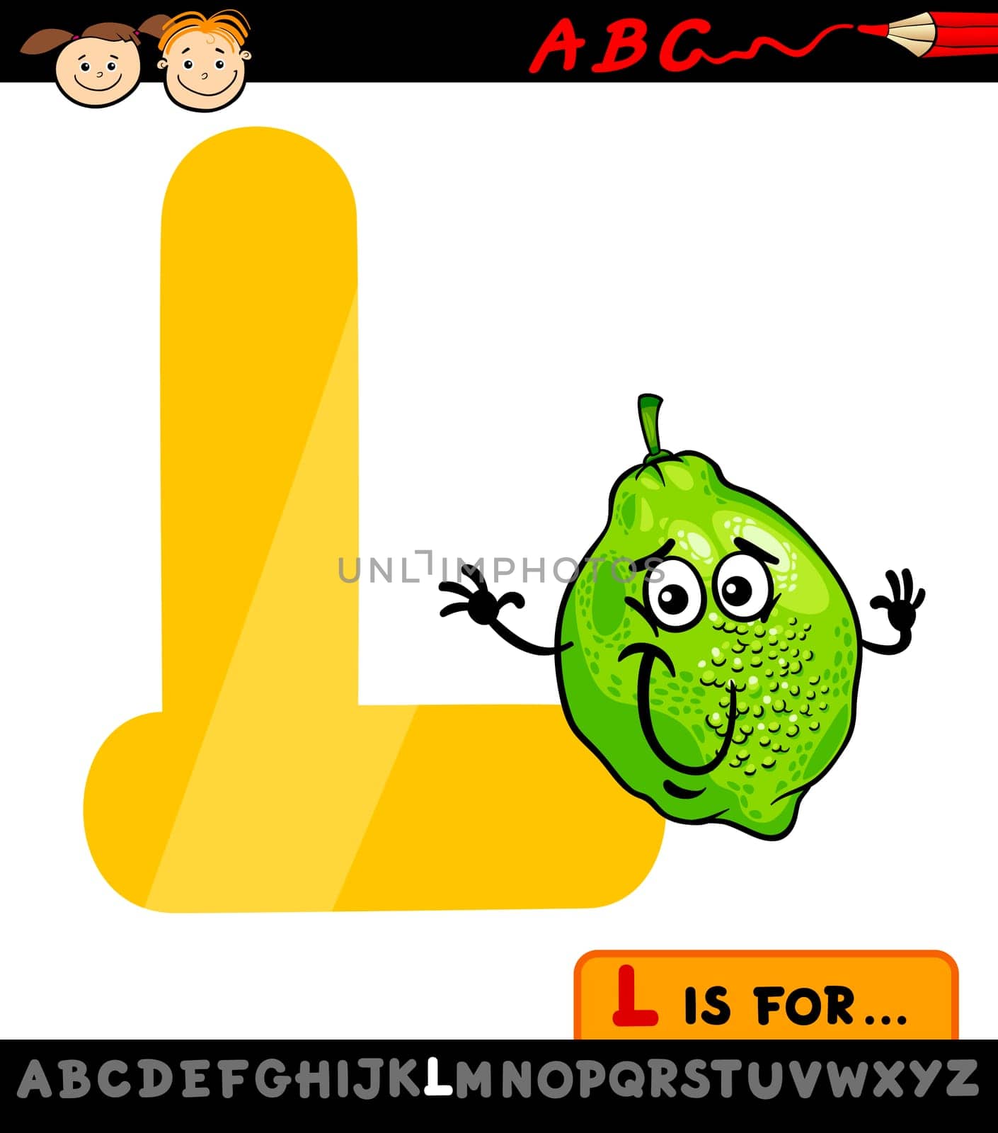 Cartoon Illustration of Capital Letter L from Alphabet with Lime for Children Education