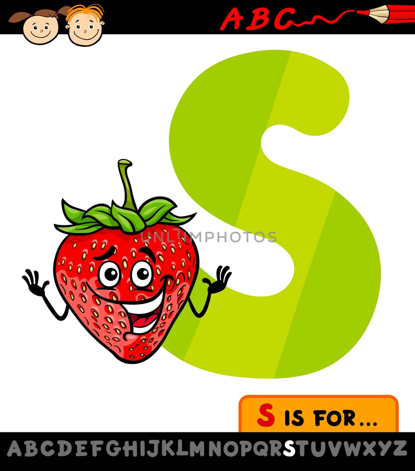 Cartoon Illustration of Capital Letter S from Alphabet with Strawberry for Children Education