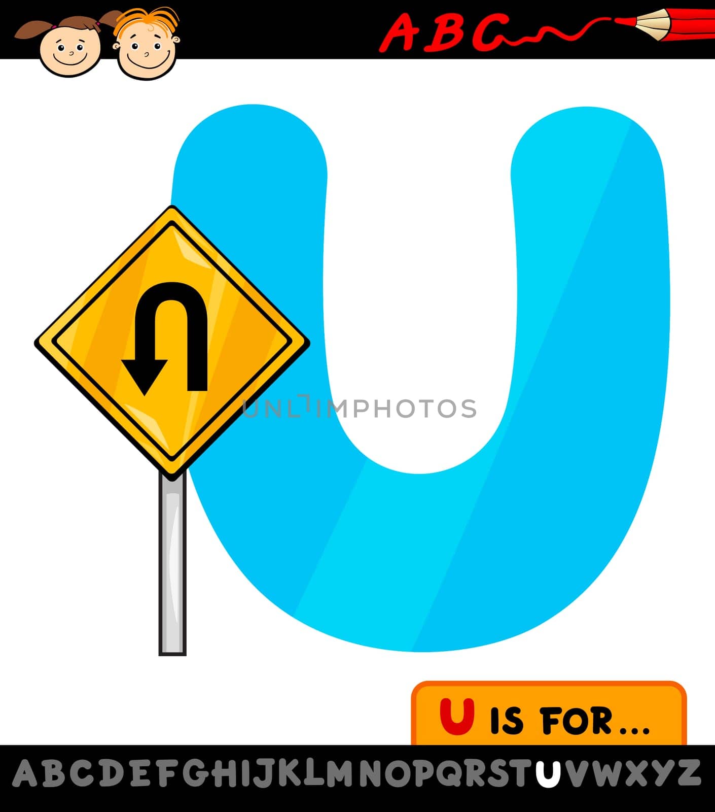 Cartoon Illustration of Capital Letter U from Alphabet with U-Turn Sign for Children Education