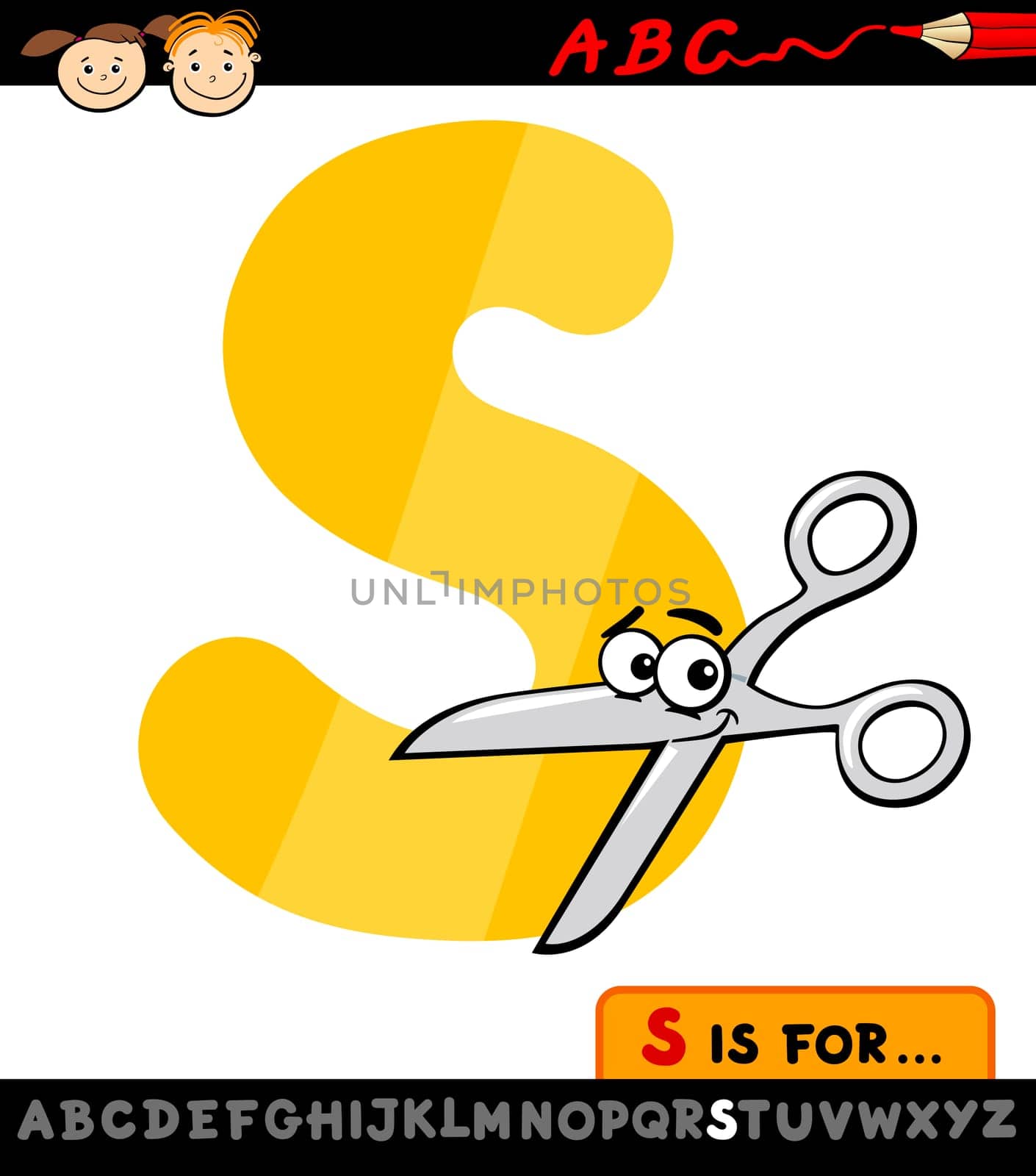 Cartoon Illustration of Capital Letter S from Alphabet with Scissors for Children Education