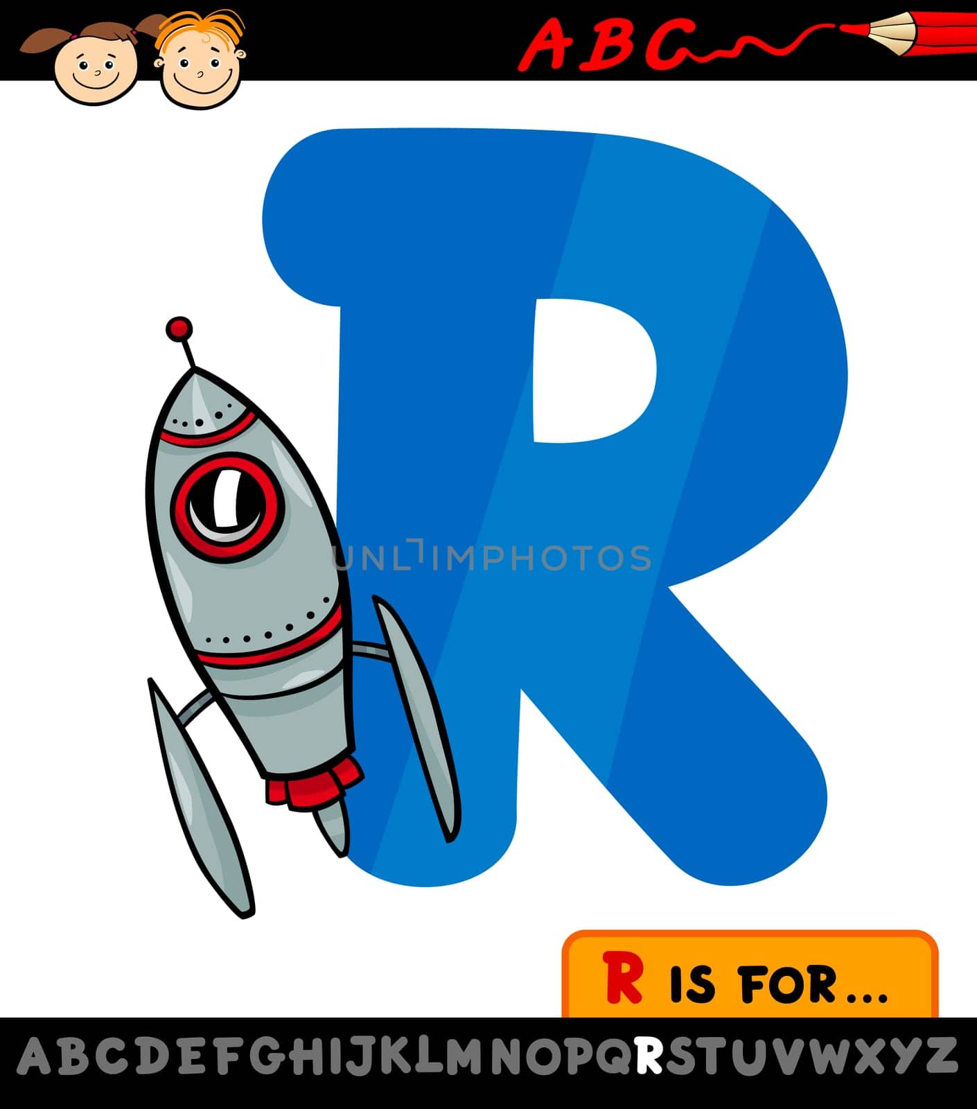 Cartoon Illustration of Capital Letter R from Alphabet with Rocket for Children Education