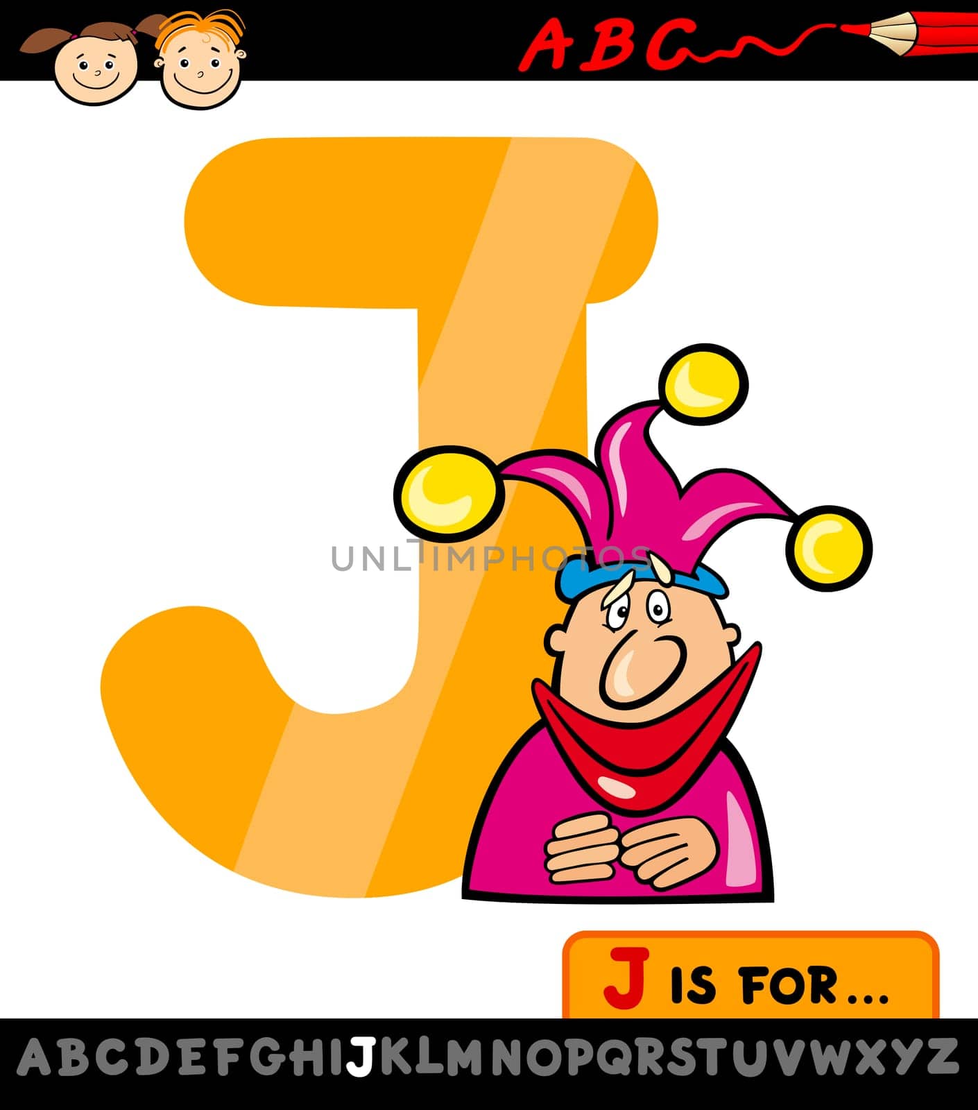 Cartoon Illustration of Capital Letter J from Alphabet with Jester for Children Education