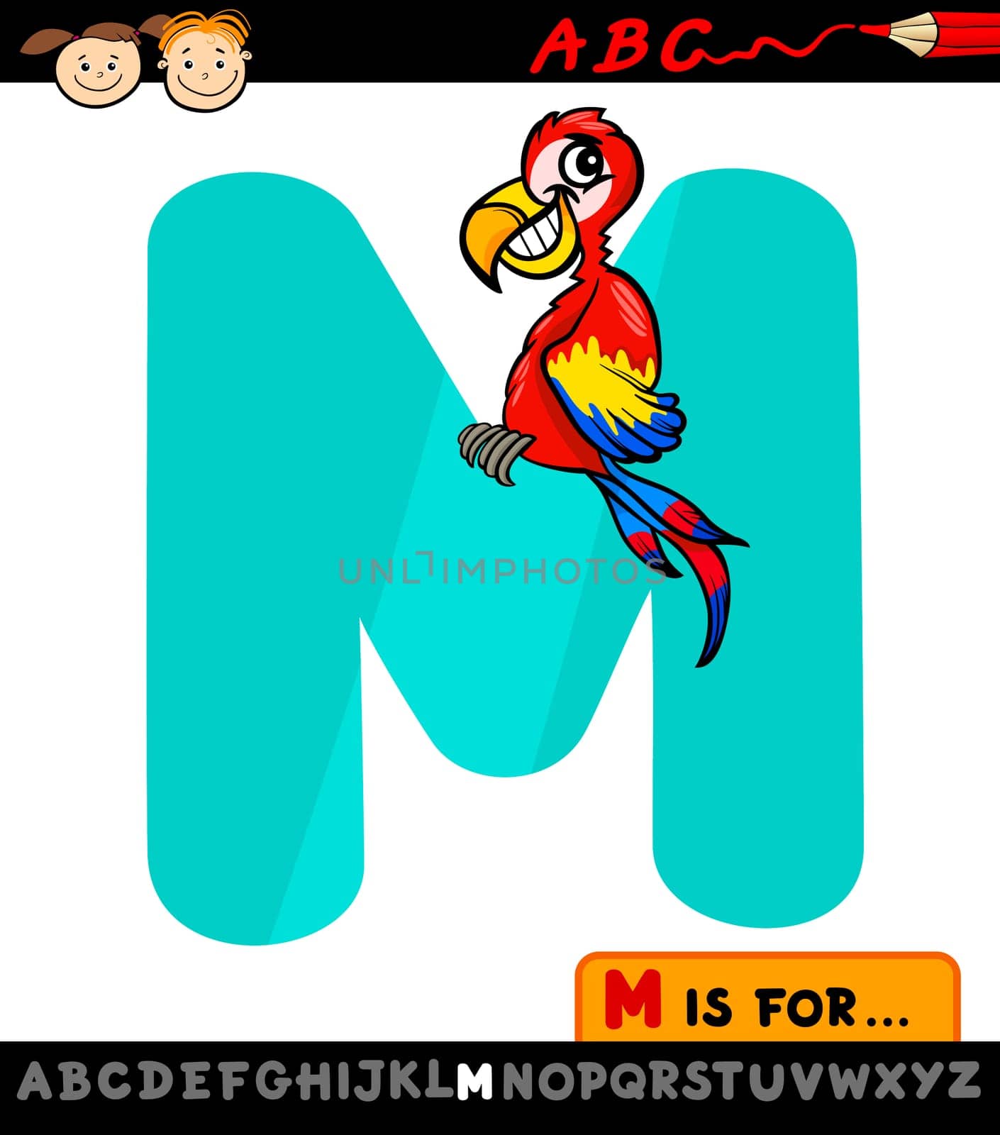 Cartoon Illustration of Capital Letter M from Alphabet with Macaw for Children Education