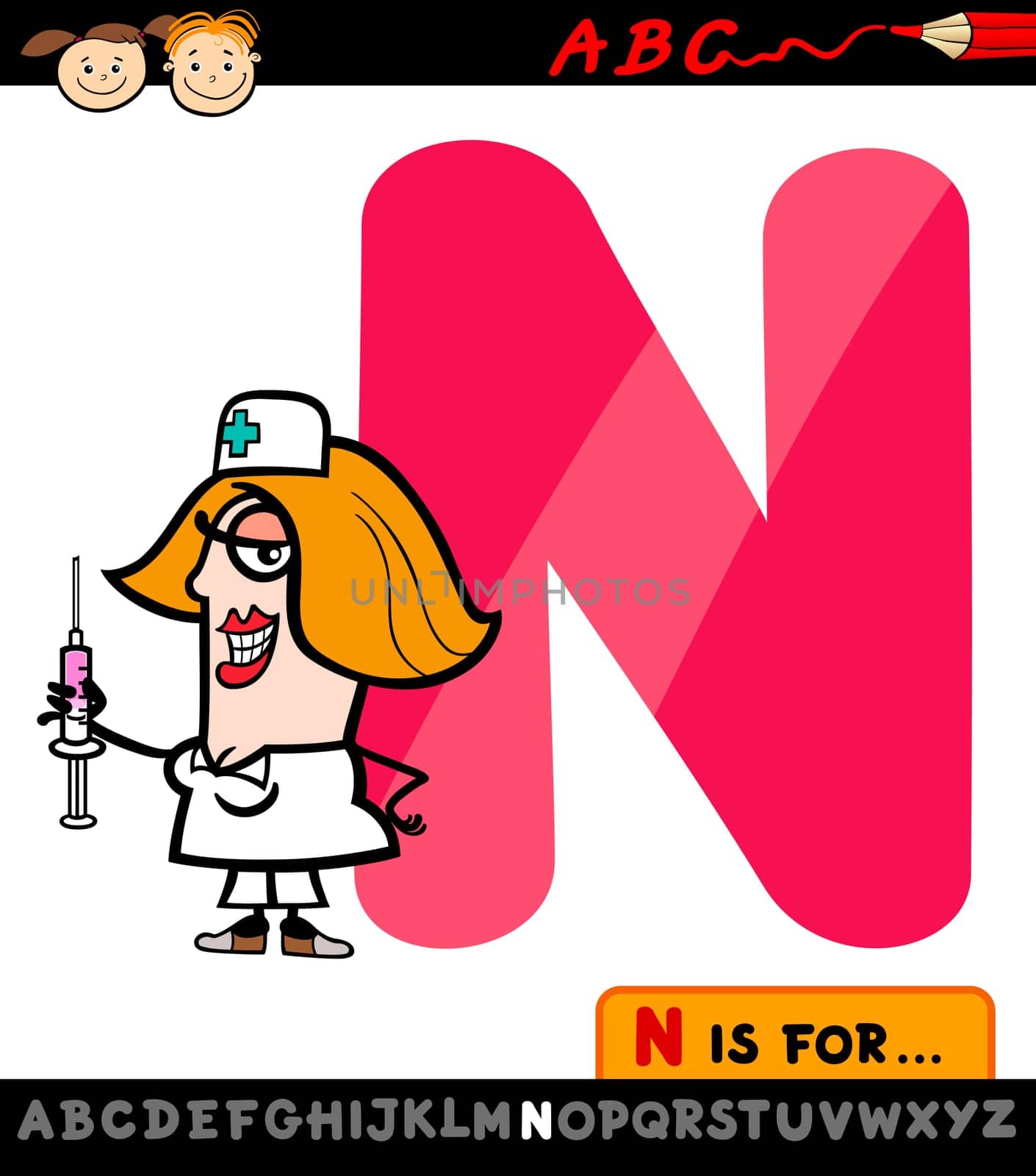 Cartoon Illustration of Capital Letter N from Alphabet with Nurse for Children Education