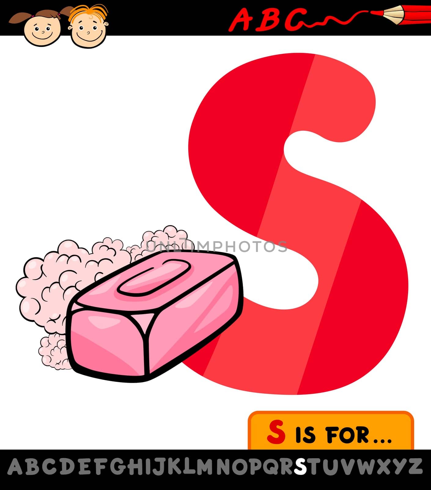 Cartoon Illustration of Capital Letter S from Alphabet with Soap for Children Education