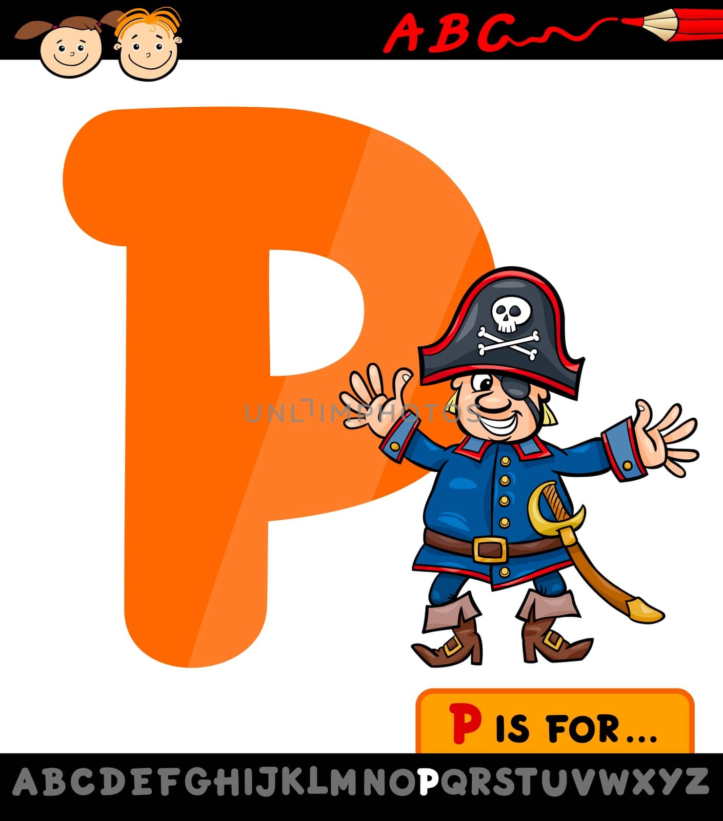 Cartoon Illustration of Capital Letter P from Alphabet with Pirate for Children Education