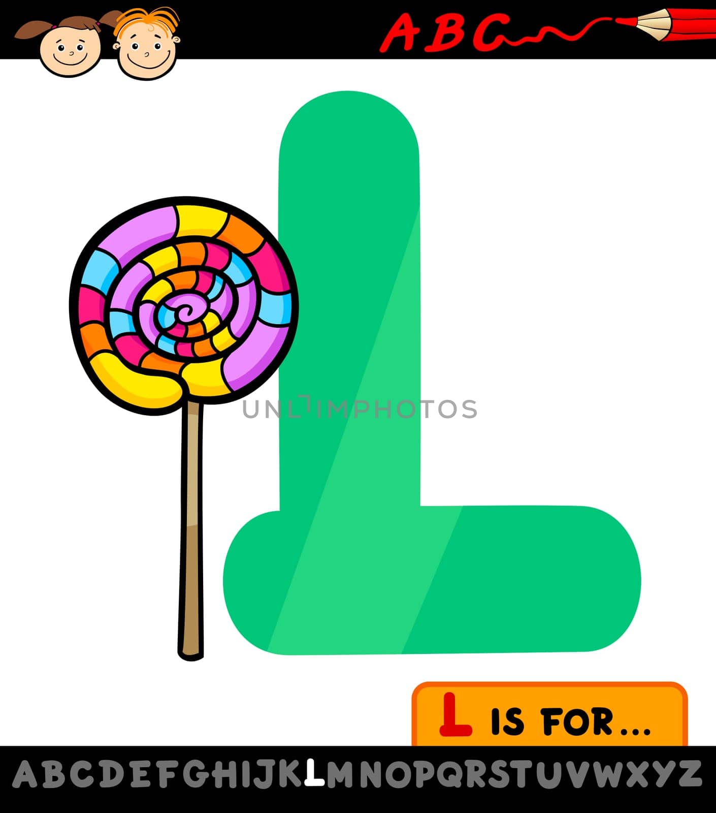 Cartoon Illustration of Capital Letter L from Alphabet with Lollipop for Children Education