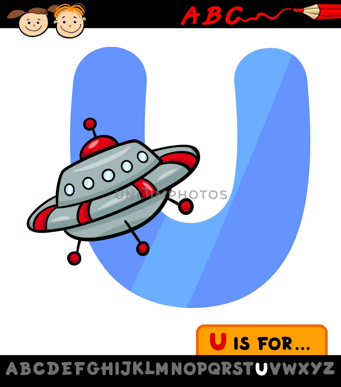 Cartoon Illustration of Capital Letter U from Alphabet with Ufo for Children Education