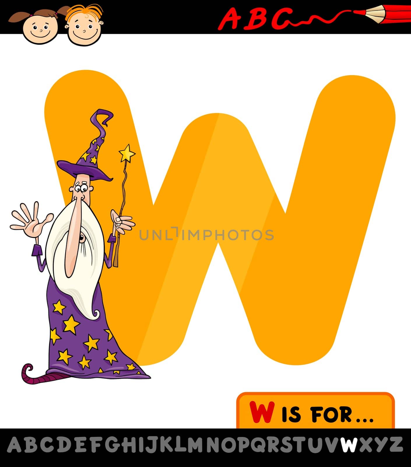 Cartoon Illustration of Capital Letter W from Alphabet with Wizard for Children Education