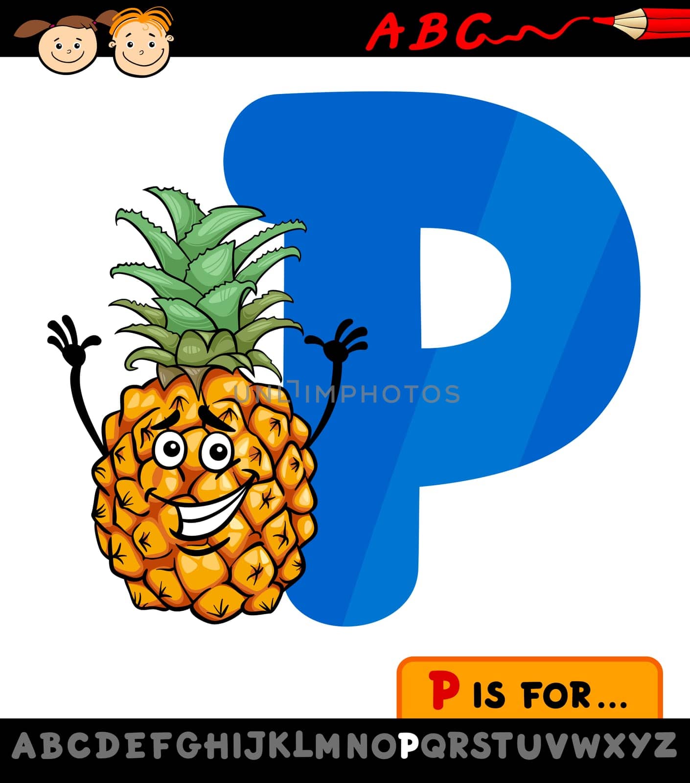 Cartoon Illustration of Capital Letter P from Alphabet with Pineapple for Children Education