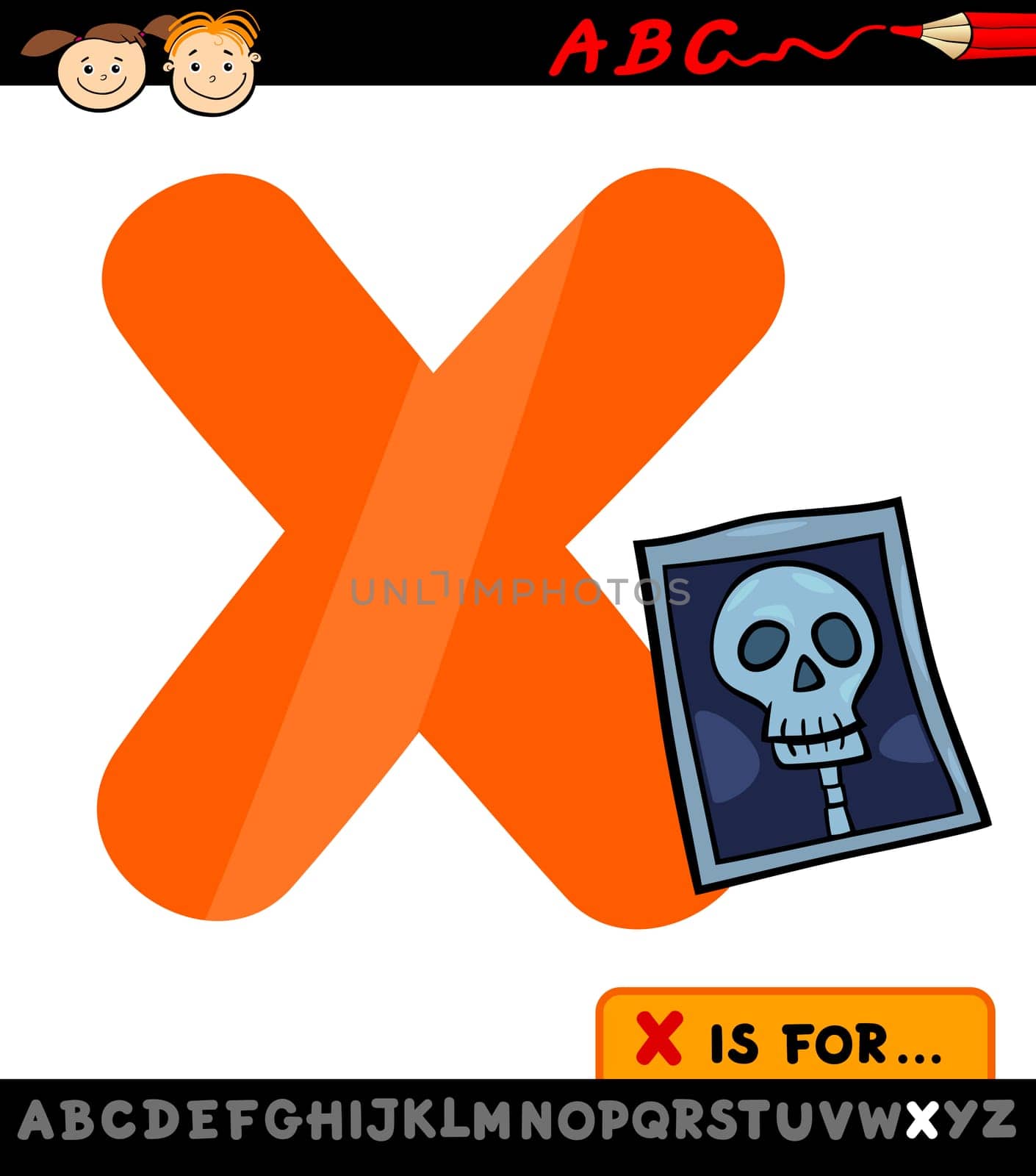 Cartoon Illustration of Capital Letter X from Alphabet with X-ray Photo for Children Education