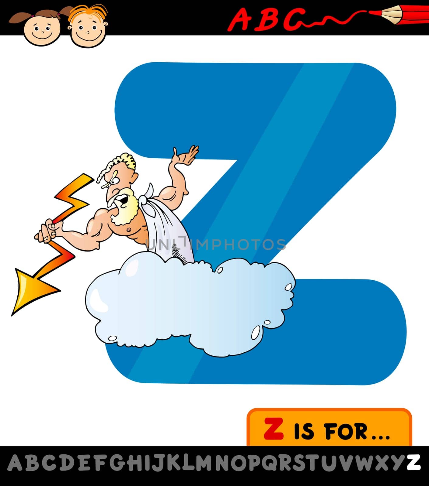 Cartoon Illustration of Capital Letter Z from Alphabet with Zeus for Children Education