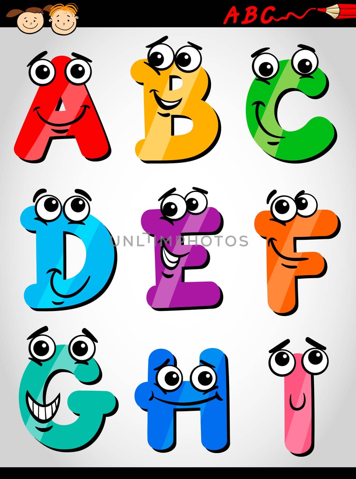 Cartoon Illustration of Funny Capital Letters Alphabet from A to I for Children Education