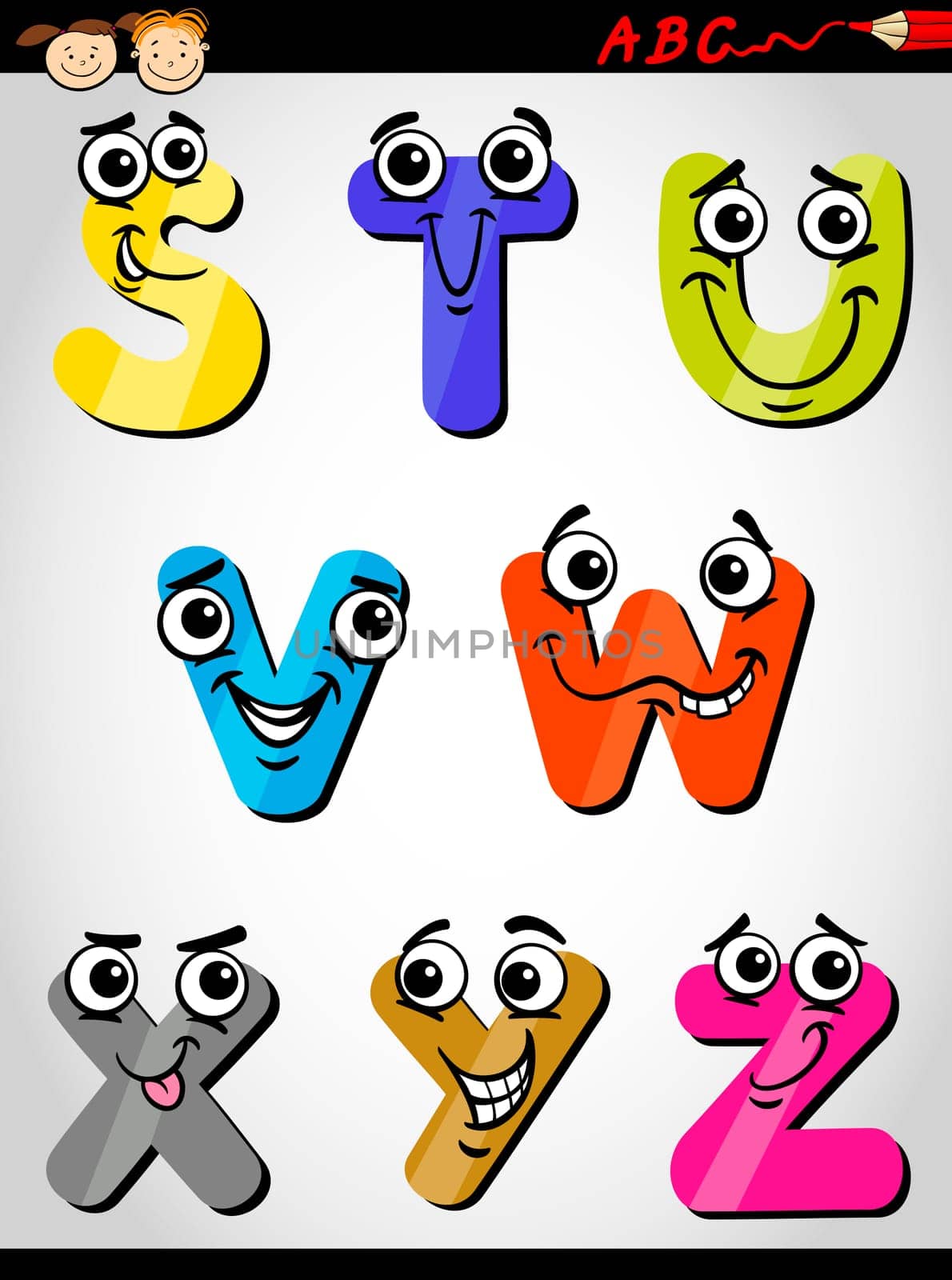 Cartoon Illustration of Funny Capital Letters Alphabet from S to Z for Children Education