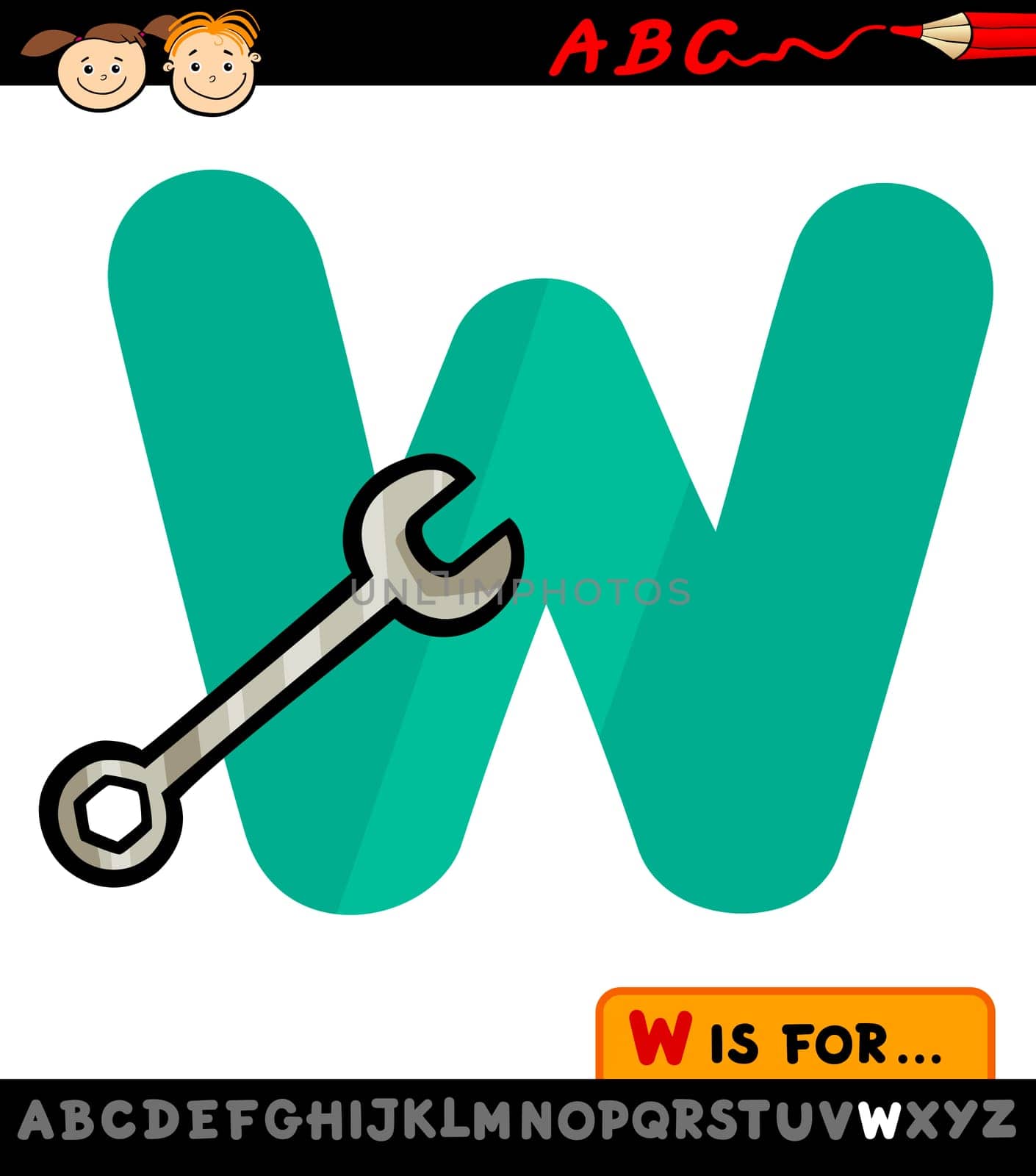 Cartoon Illustration of Capital Letter W from Alphabet with Wrench for Children Education