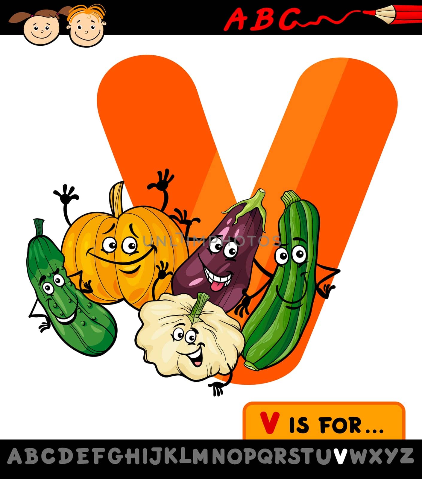 Cartoon Illustration of Capital Letter V from Alphabet with Vegetables for Children Education