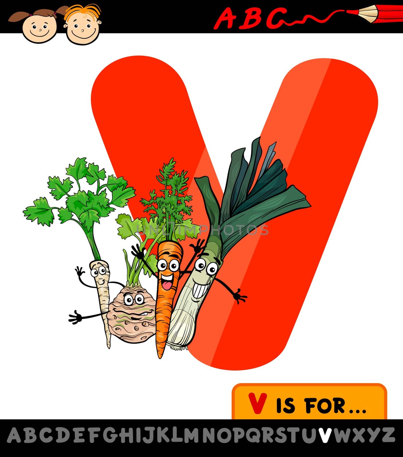 Cartoon Illustration of Capital Letter V from Alphabet with Vegetables for Children Education