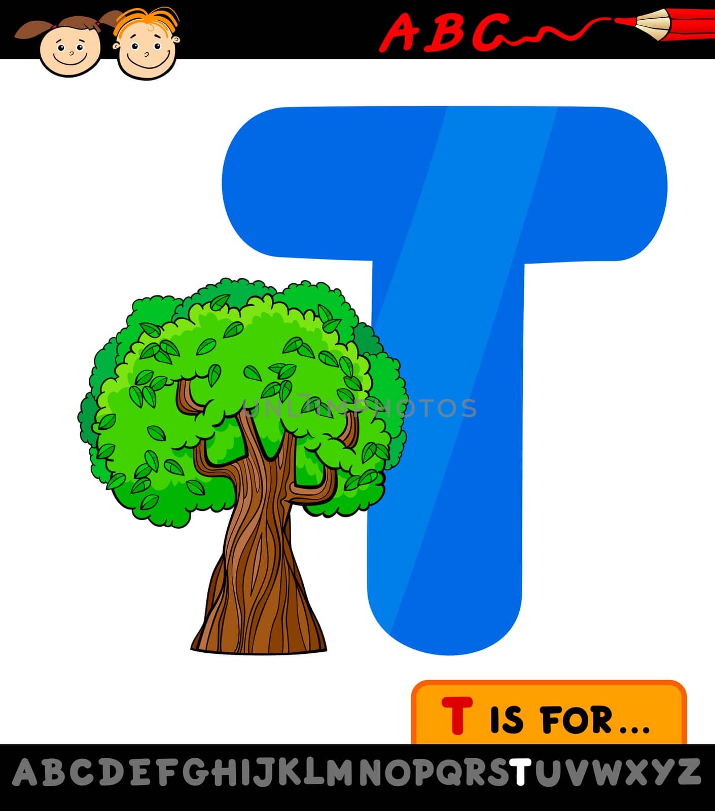 Cartoon Illustration of Capital Letter T from Alphabet with Tree for Children Education