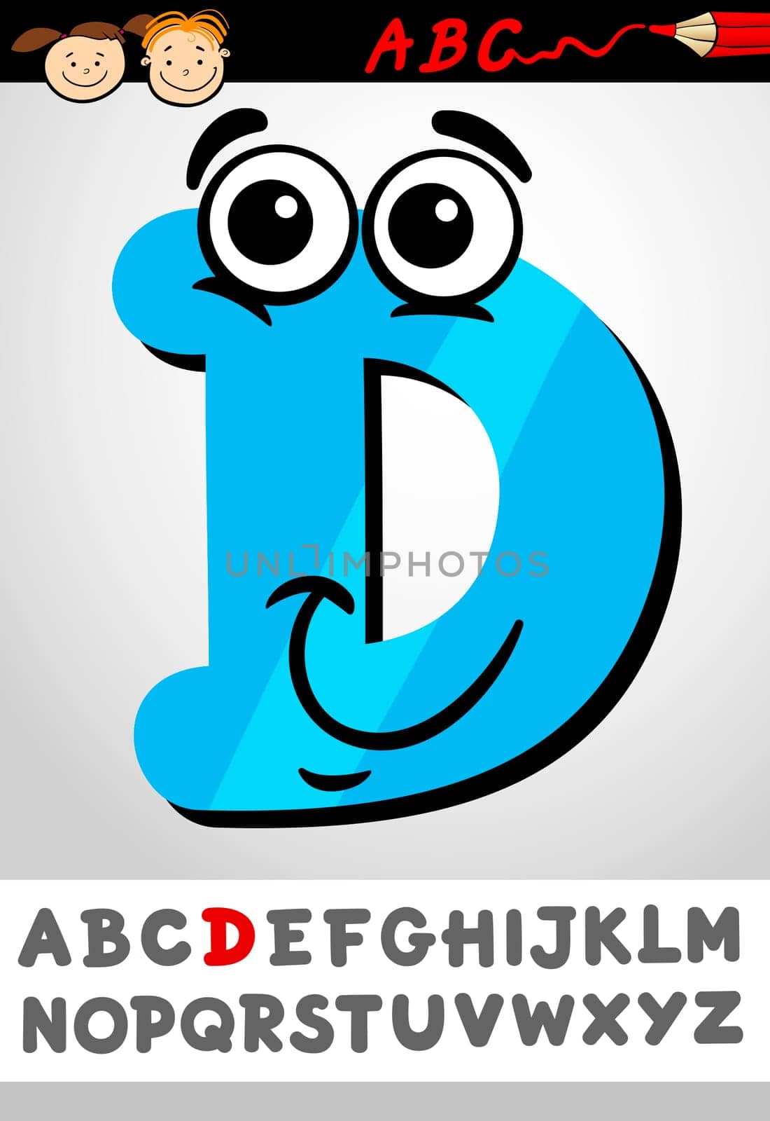 Cartoon Illustration of Cute Capital Letter D from Alphabet for Children Education