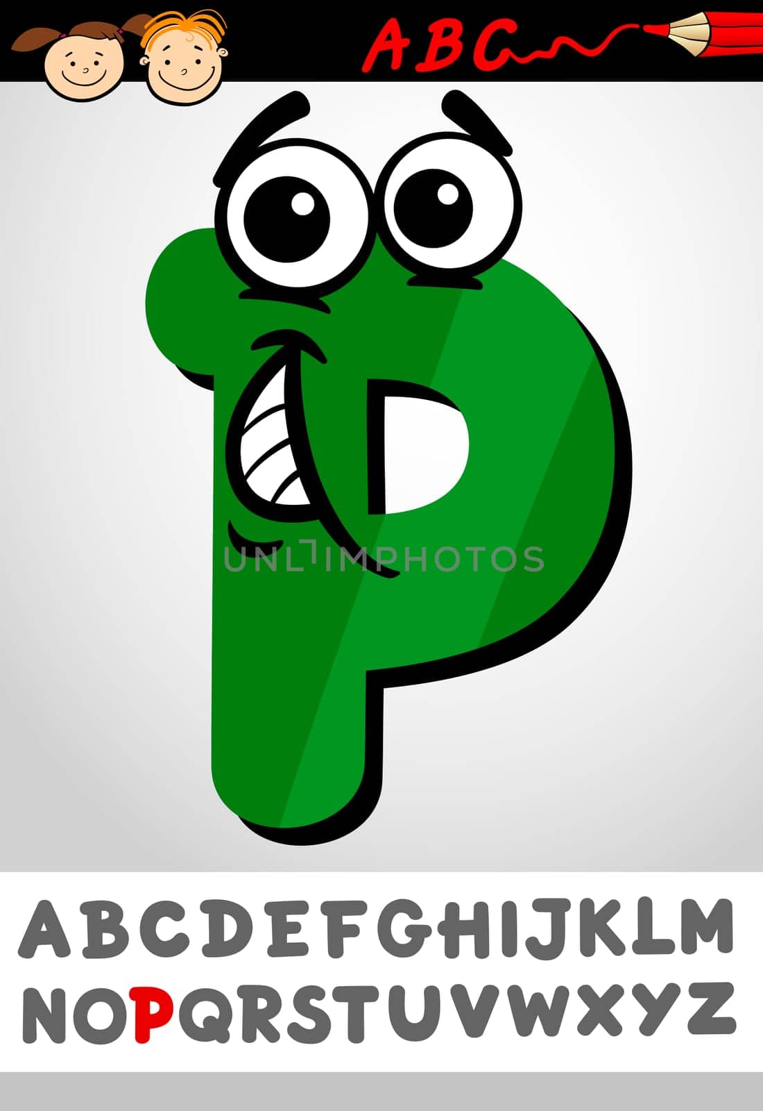 Cartoon Illustration of Cute Capital Letter P from Alphabet for Children Education