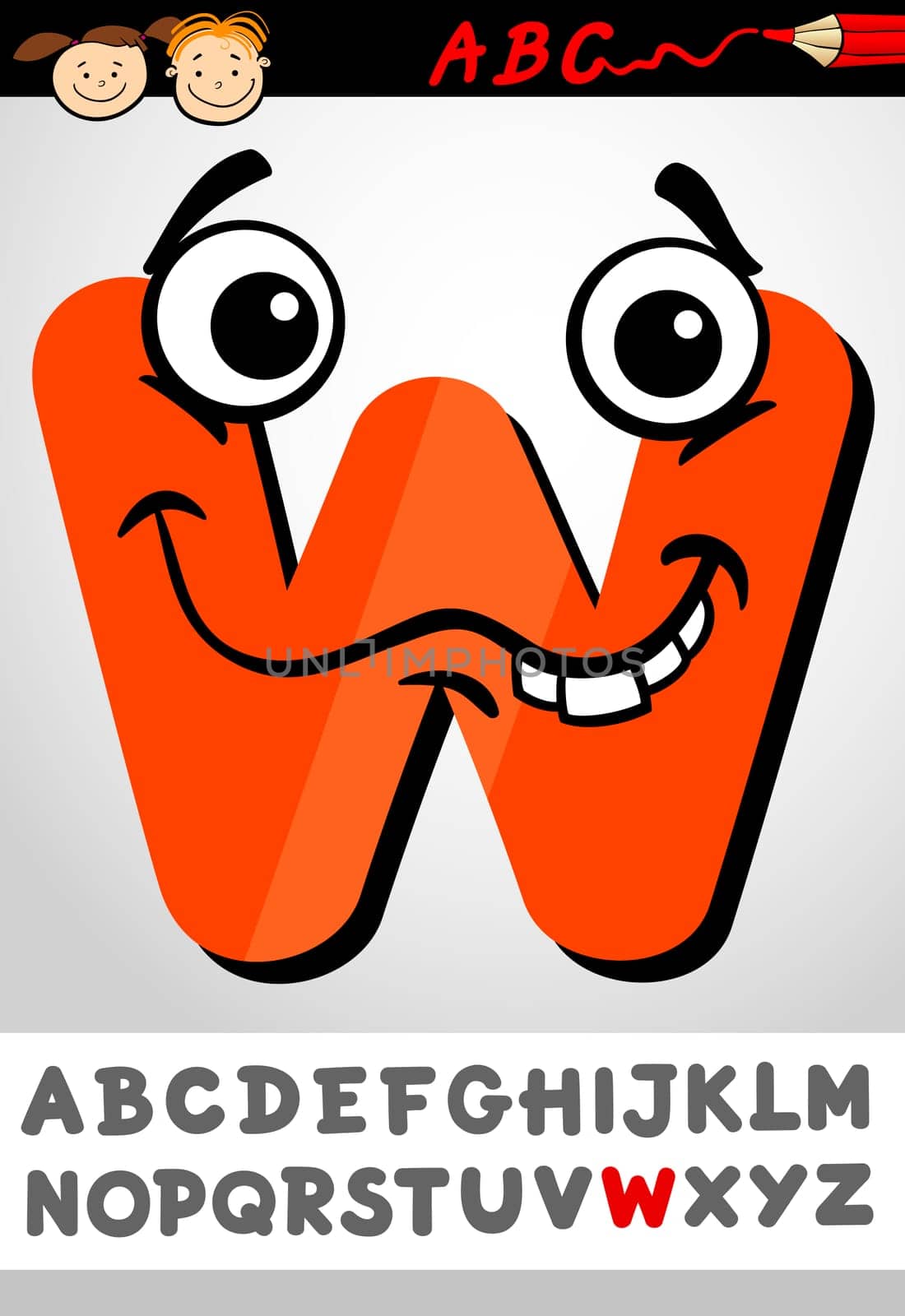 Cartoon Illustration of Cute Capital Letter W from Alphabet for Children Education