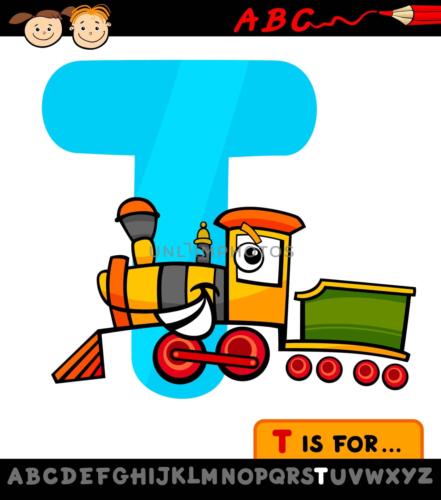 Cartoon Illustration of Capital Letter T from Alphabet with Train for Children Education