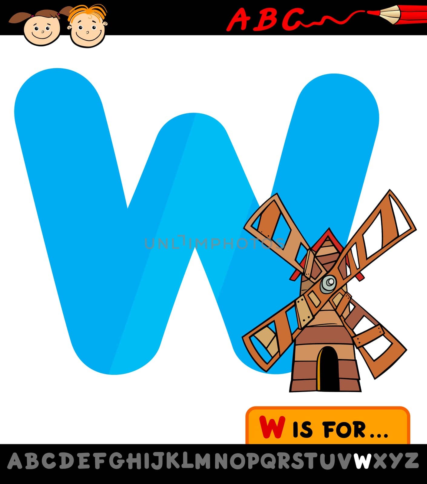 Cartoon Illustration of Capital Letter W from Alphabet with Windmill for Children Education