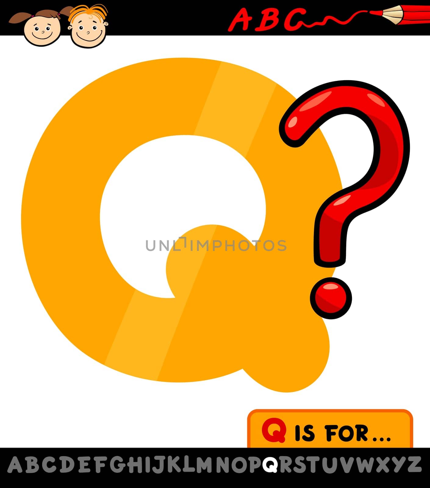 Cartoon Illustration of Capital Letter Q from Alphabet with Question Mark for Children Education