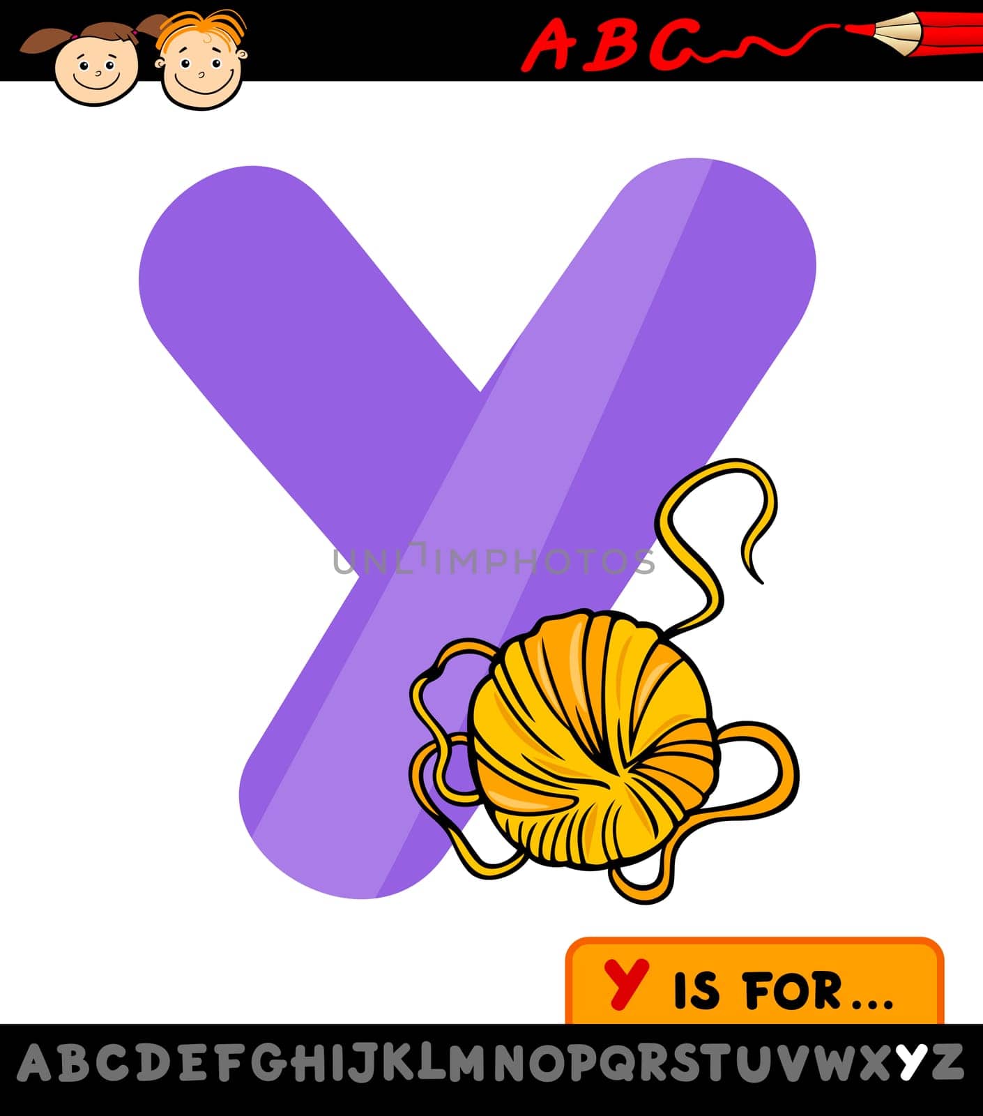 Cartoon Illustration of Capital Letter Y from Alphabet with Yarn for Children Education