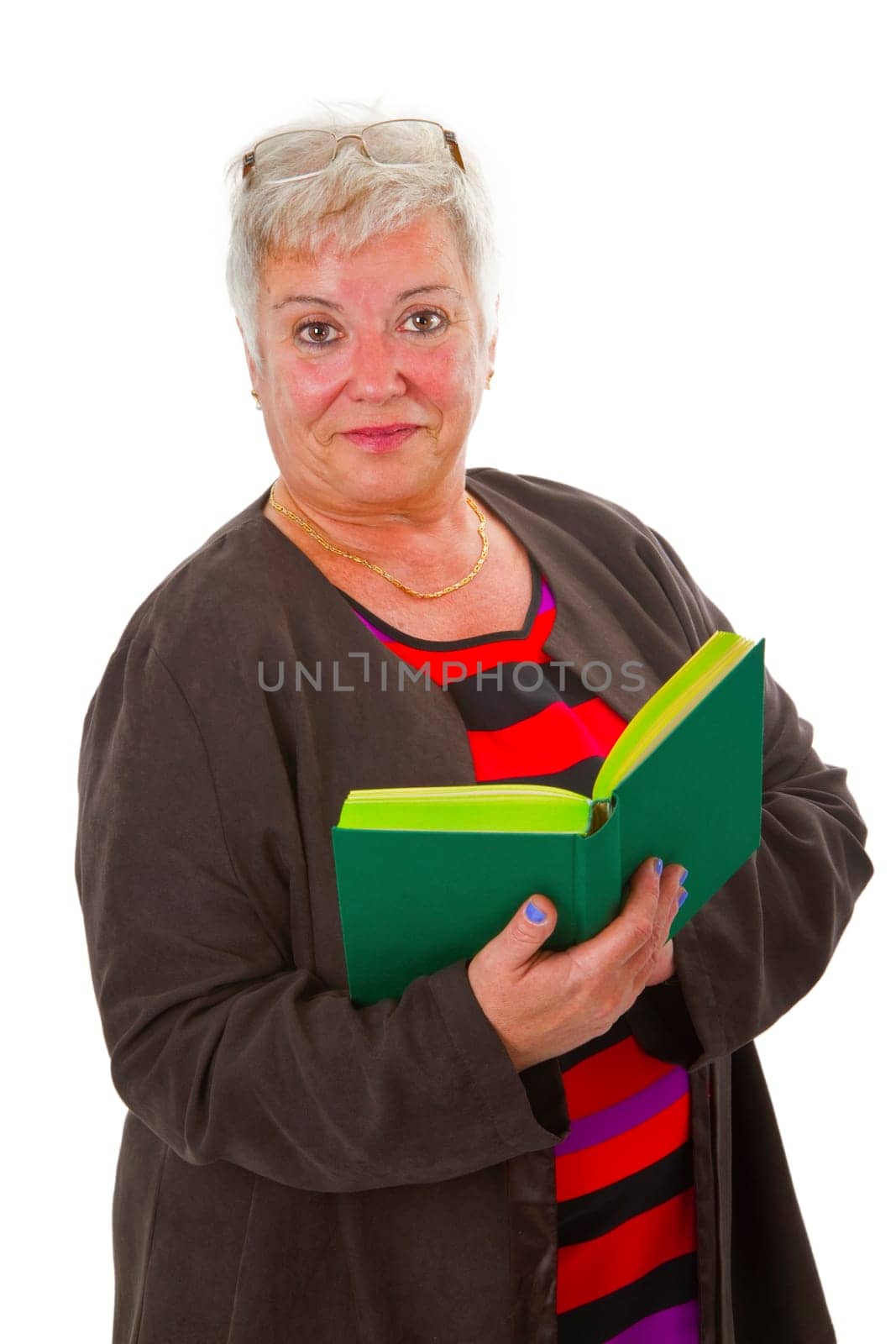 Senior citizen with book - cropped on white background