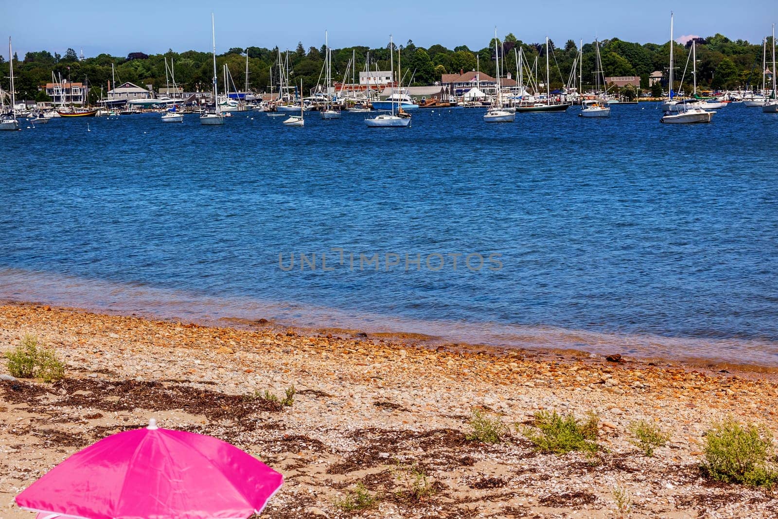 Beach Pink Umbrella Padnaram Harbor Church Steeple, Docks, Piers Boats, Schooner, Yacht Club, Buzzards Bay Dartmouth Masschusetts ...