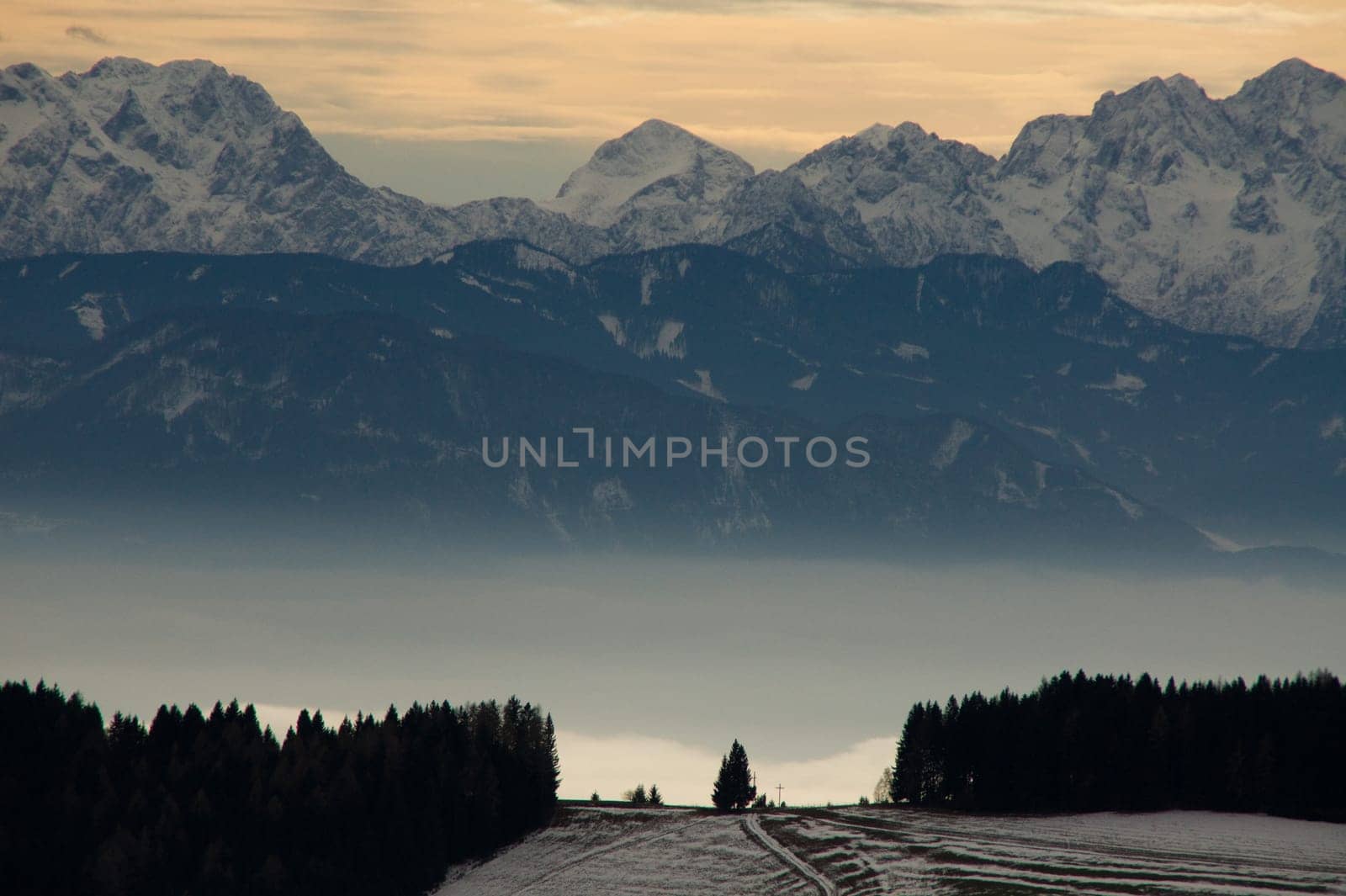 The Austrian Alps can be seen in a clearing and on the horizon