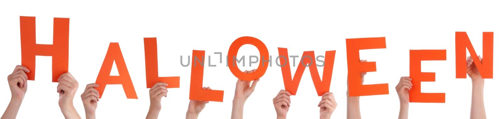 Many Hands Holding the Orange Letters Halloween, Isolated