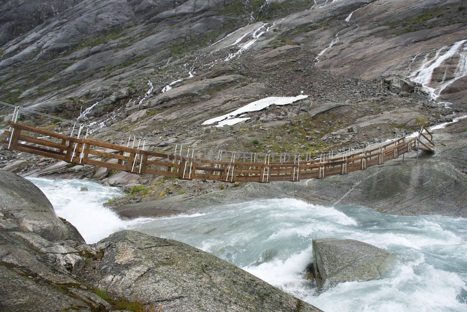 a small plank bridge over a torrential river