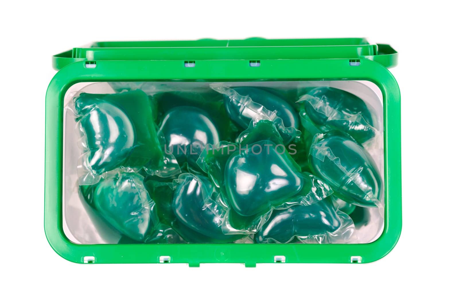 Green gel laundry capsules in box