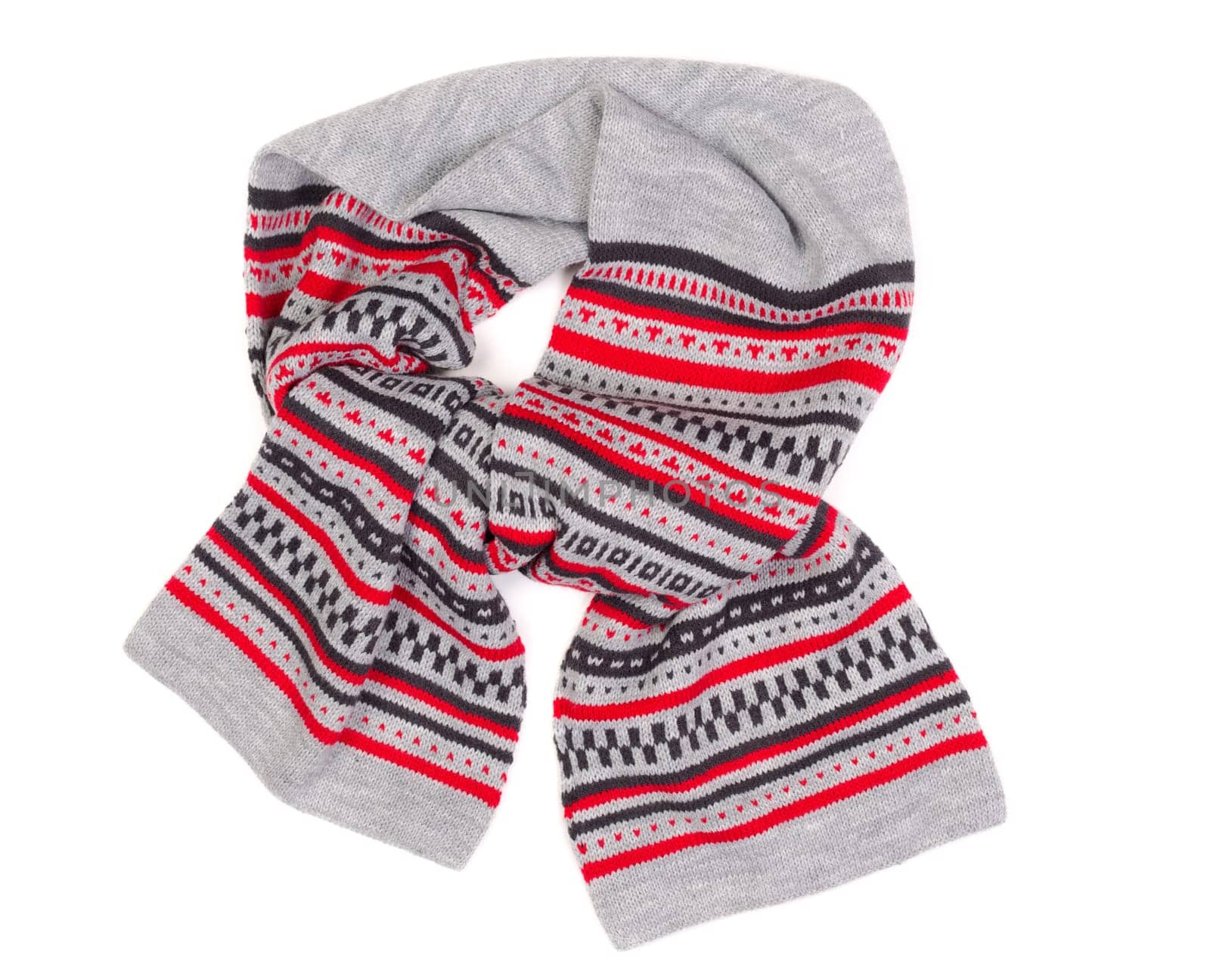 gray knitted scarf with ornament isolated on white