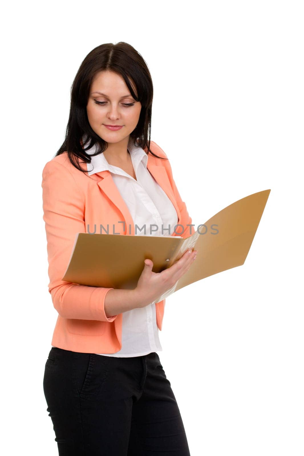 beautiful girl with a folder isolated on white