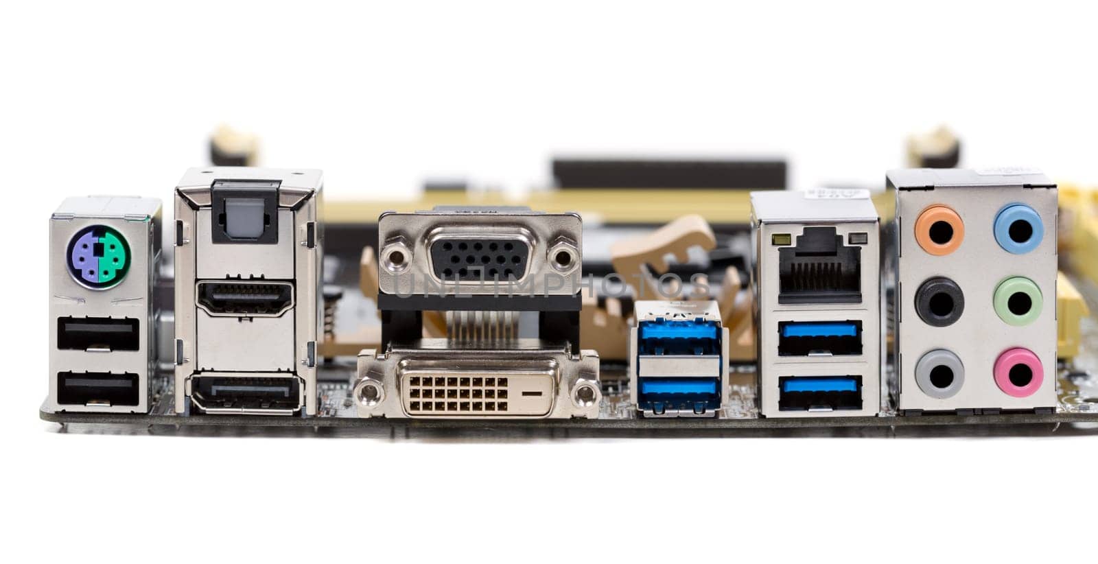 rear of the motherboard close-up, USB 3,0, HDMI, audio